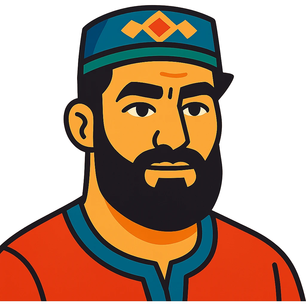 A Tajik man with masculine features, expressive eyes, thick eyebrows, dark hair, light-olive skin, and a larger, neatly kept beard emoji
