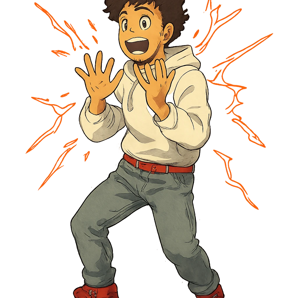 1 male, mid fade haircut dark chestnut brown curly hair, toasted lightskin, white hoodie sleeves up, gray fashion jeans, red fashion-sneakers shoes, red belt, short trimmed beard and goatee,  style of deku from "my hero academia",  doing a "i adore that!" exclaimation pose with red electricity emoji