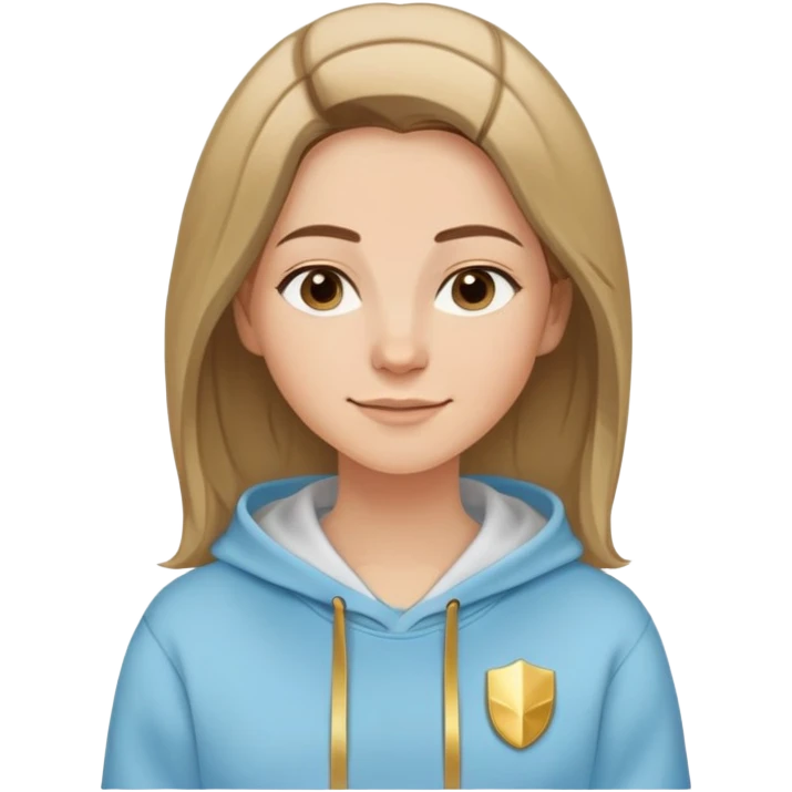 Caucasian woman, oval face, straight hair that is more brown than blonde with lighter blonde highlights, hair parted to the side, serene smile, dreamy expression, light blue hoodie with gold and white details emoji