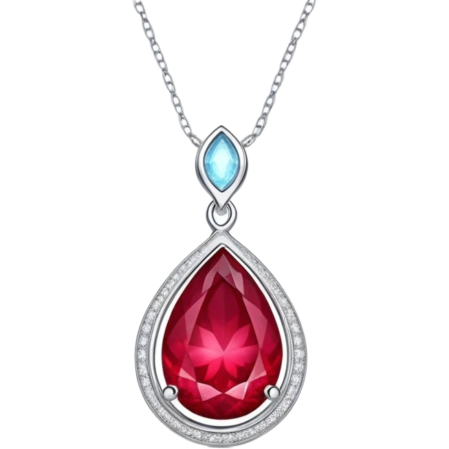 teardrop ruby pendant with silver chain, glowing cosmic embryo inside, swirling stardust and fiery trails, radiating ethereal magic emoji