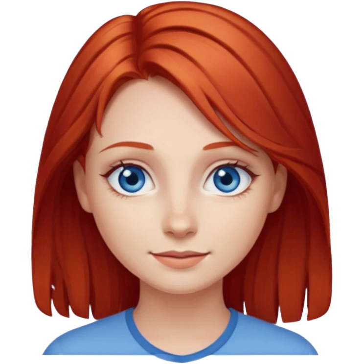 A girl with red hair and intense blue eyes. Delicate dark circles under her eyes give her a slightly tired look, and her smile belies any fatigue. emoji