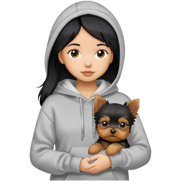a black-haired asian girl in a gey hoodie with a yorkie puppy emoji