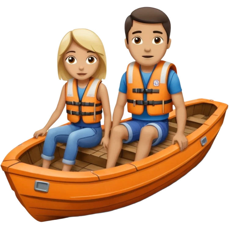 a wood boat upside down, with 2 people sitting on top trying to stay afloat. emoji