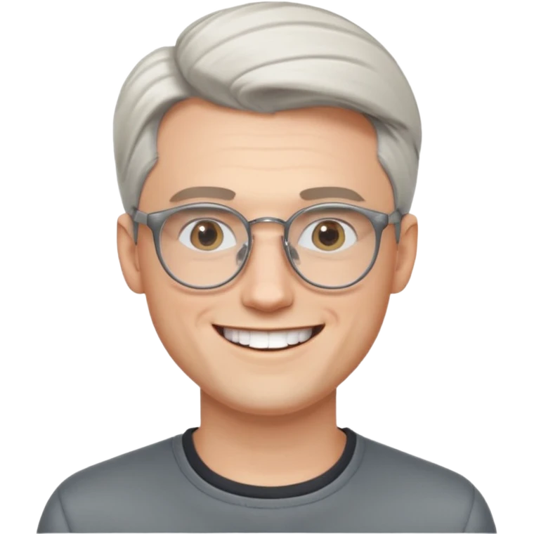 30 yr old pale white man, white/grey side swept stylish hair, round glasses, big smile, white teeth, handsome, longer hair, thin glasses,  smooth forehead, open collar, trendy emoji