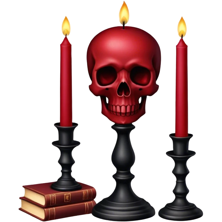 Dark Red candle on a black stand, books, skull, gothic style, beautiful aesthetic  emoji