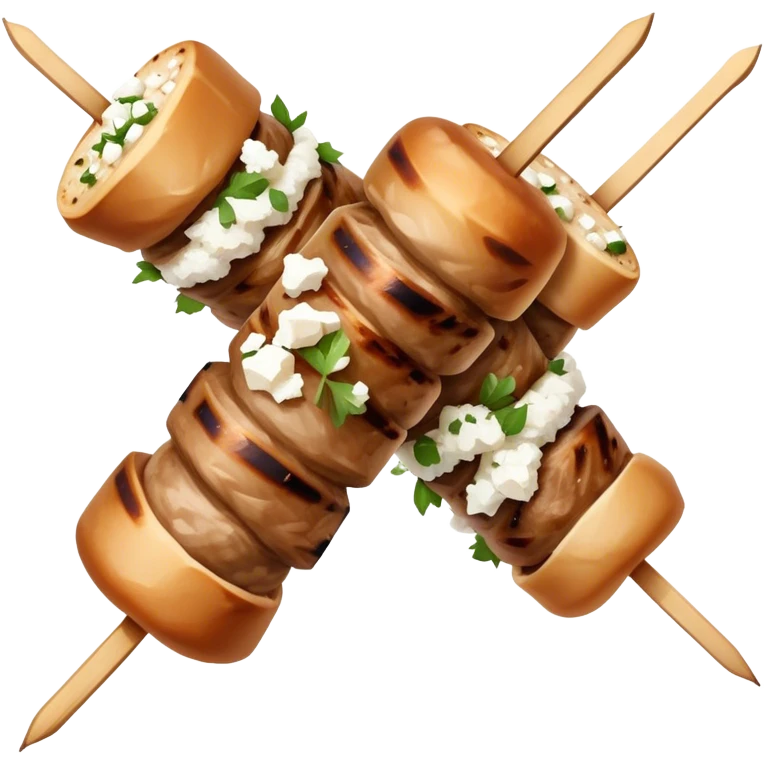 Souvlaki Cinematic Realistic Souvlaki Dish Emoji, depicted as skewered, grilled meat served with a side of crumbled feta cheese, rendered with rich textures and dynamic, appetizing lighting. emoji