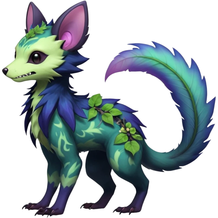 Realistic Sharp swampy mossy elemental ivy floral detailed Colorful translucent luminescent glowing Trico-Noibat-batty-Sergal-Furret-Ferret-Wolverine-Vernid-furry-fursona-fusion-Fakemon-animal-hybrid-creature, full body emoji