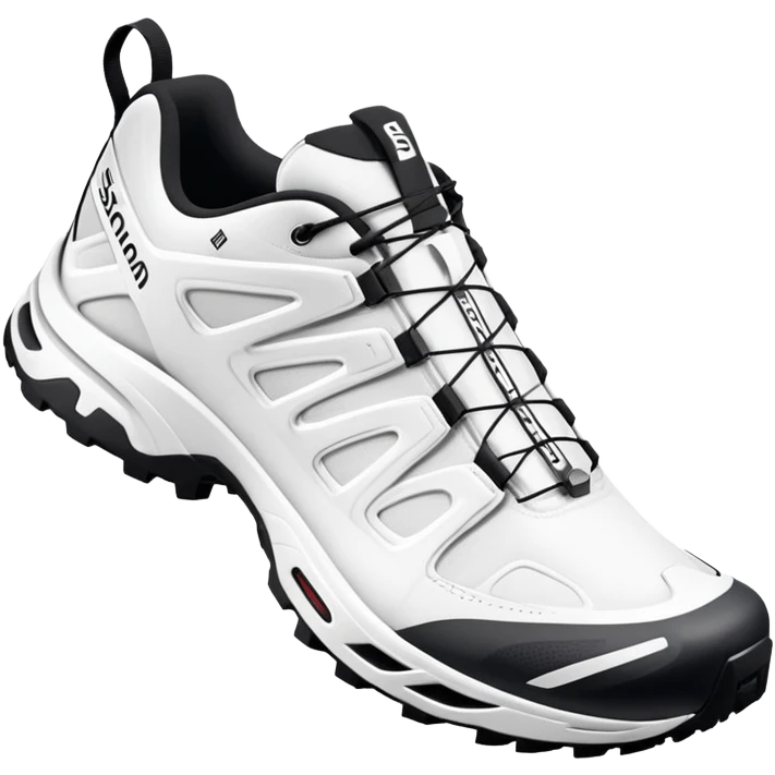 Pure white Salomon XT-6 shoes with zero colored elements, one arranged behind the other, minimal iOS emoji aesthetic, clean white sneakers emoji