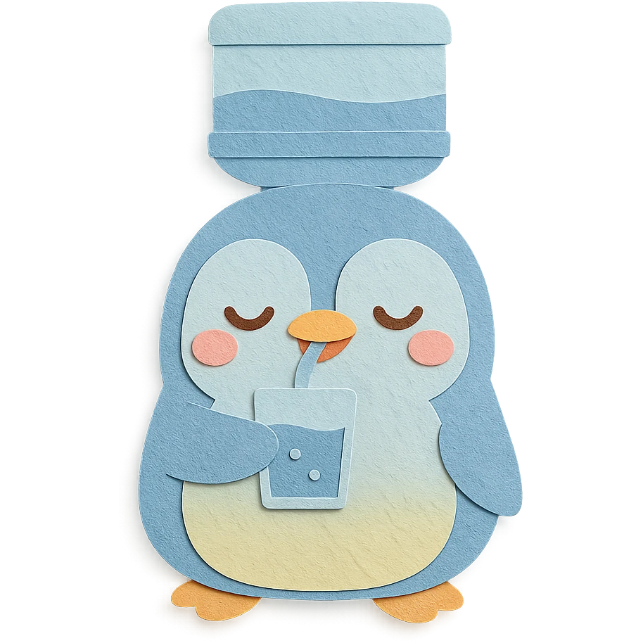 chibi water purifier-penguin hybrid, sipping water, content face, pastel blue, full-body emoji