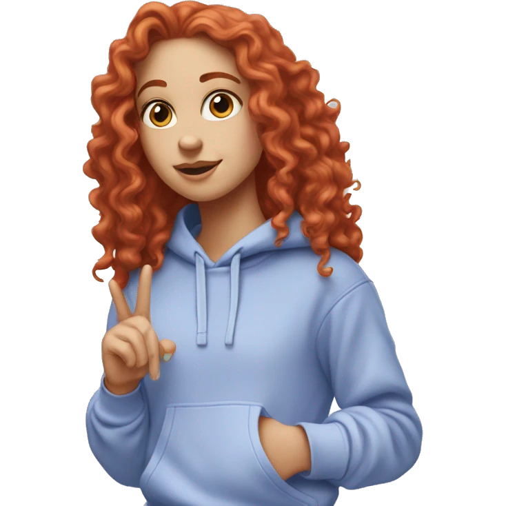 a white girl with long red curly hair, wearing a pastel periwinkle hoodie doing a pose emoji