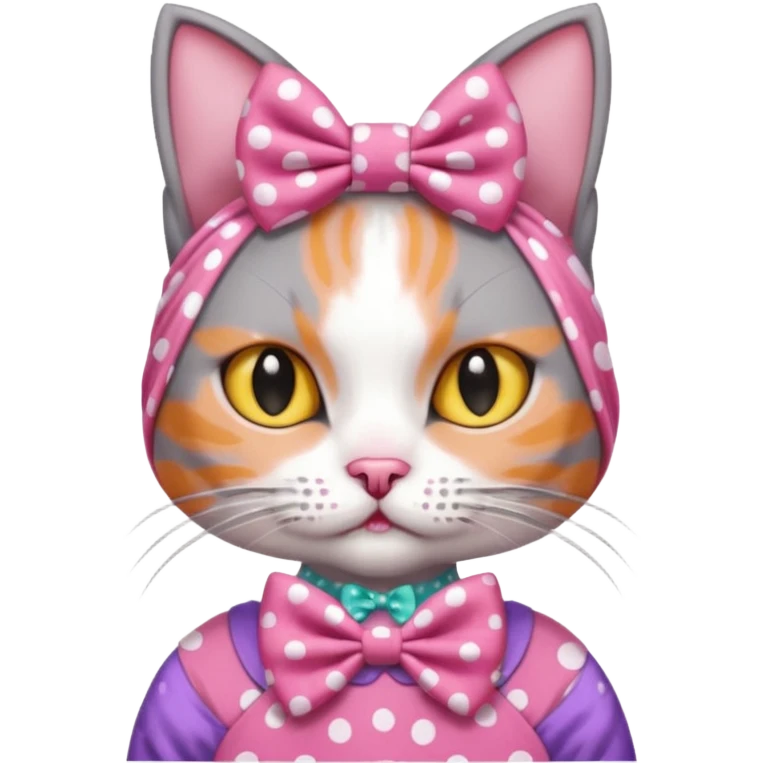 Evil Gray and white evil cat with a pink polka dot dress and with a pink polka dot bow on the Head cute emoji