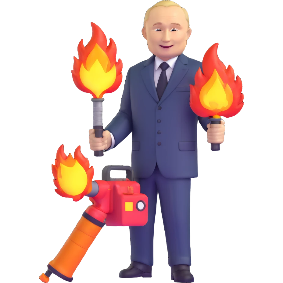 Vladimir Putin smiles and holds a flamethrower emoji