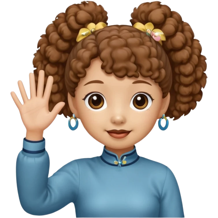 Brown mini poodle with Asia ponytail girl waving hand emoji