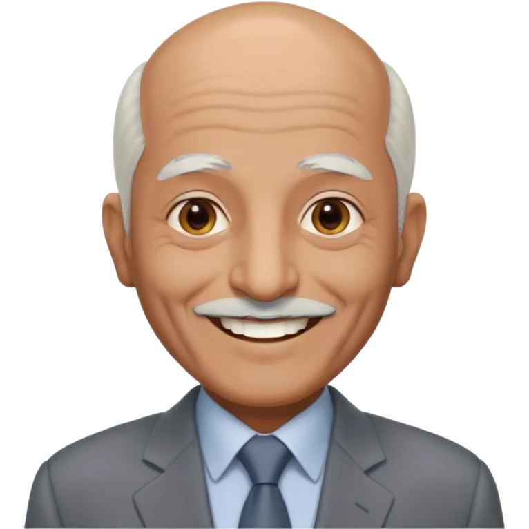 70 yr old man, almost bald, some white hair, pakistani, light grey business suit, big smile, dark skin, no facial hair
 emoji