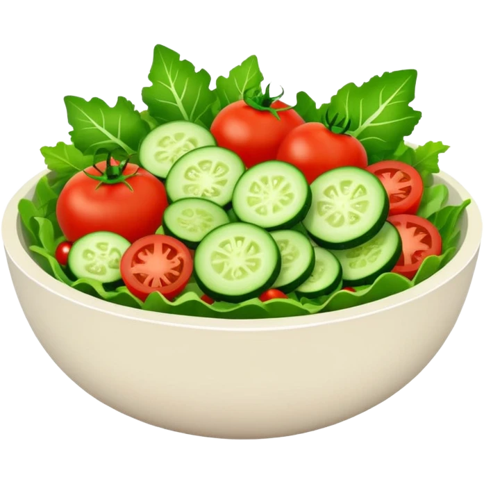 Salads avatar in clean emoji-style illustration. Fresh salad bowl with greens, tomatoes, cucumber, bright green tones, simple shapes, flat design, high contrast, light and healthy. emoji
