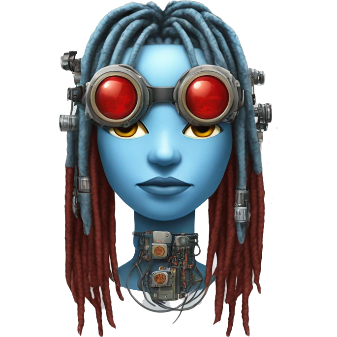 Light blue long dreadlocks female cyborg head with red steampunk goggles and circuits emoji
