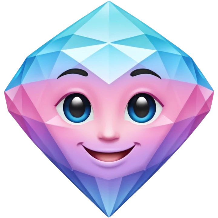 A cheerful diamond logo with a black outline and a smiling face, set against a pastel gradient of pink, blue, and lavender. Smaller diamonds surround it, forming a larger diamond pattern. Playful yet sleek, perfect for branding, digital media, emoji