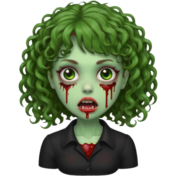 Green zombie emoji girl with curly Brown hair, with curly bangs, wearing a black bluse, blood Just in the tongue  emoji