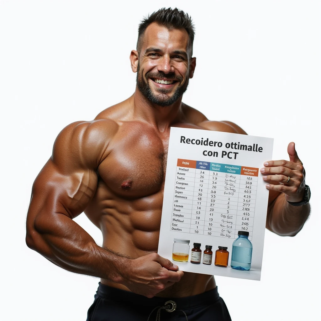 hyper realistic muscular healthy bodybuilder smiling showing a detailed Post Cycle Therapy (PCT) chart with visible dosages and medications, supplements and water in the background, atmosphere of effective recovery, Italian caption: 'Recupero ottimale con PCT', isolated on white background emoji