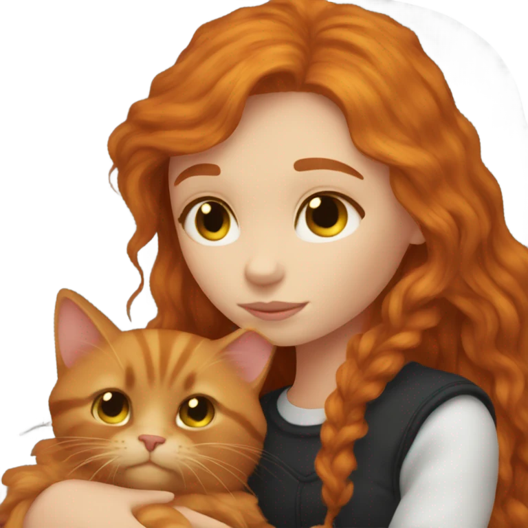 Ginger girl with long hair cuddling with black fluffy cat  emoji
