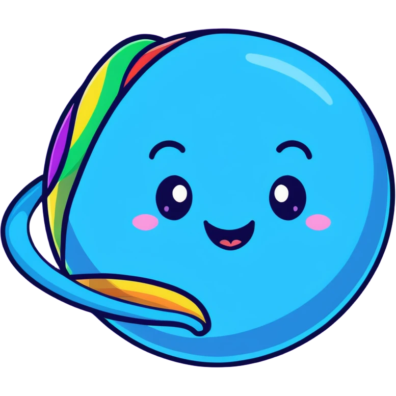 colorful planet with rainbow swirls and patterns and a happy grinning face emoji