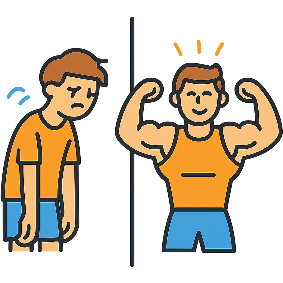 in the picture is devided in to two parts, at the first the sportsman is weak and lazy, but at the second picture the same sportsman is very strong because he doing a workout regularly emoji