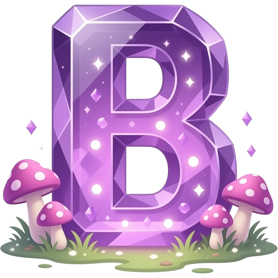 A letter 'B' carved out of a singular, transparent Amethyst crystal, internal glowing magical light, surrounded by soft glowing mushrooms, magical realism style, detailed, 3D, shimmering particles, fantasy illustration emoji