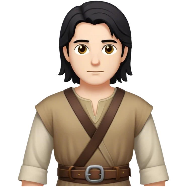 merchant outfit worn by a DnD themed fantasy character. basic simple tunic with a leather belt. clothes only above the waist. The clothes full waist. The character's haven't arms. character is black hair brown eyes shoulder-length hair white man. emoji