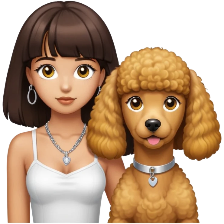 Girl with long dark brown hair with bangs and brown eyes with lash extensions wearing a white tube top and a silver necklace. with a big yellow standard poodle￼ emoji
