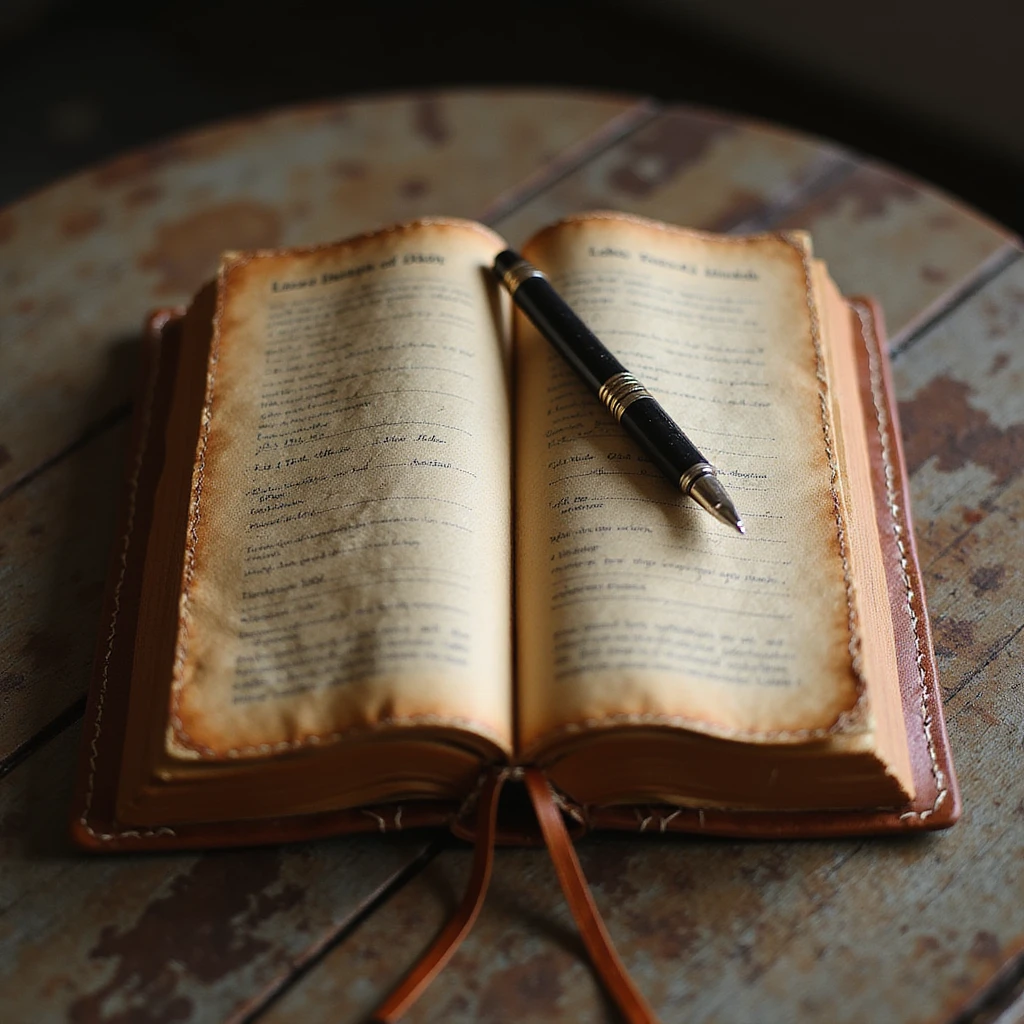 a realistic leather-bound diary, detailed, open, tan leather, pen resting on the page emoji