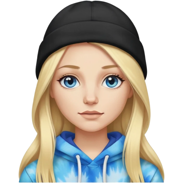White woman with long blonde straight hair and blue eyes with long eyelashes and tiedye hoodie. i would like for her to be wearing a black beanie with dueces on it emoji