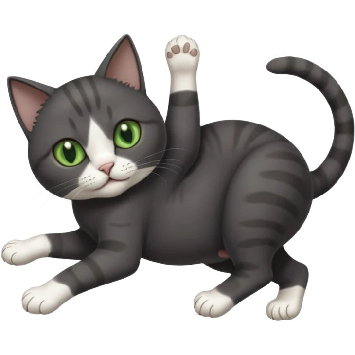 solid dark grey cat with green eyes, white toes/paws and white patch on her chest playfully rolling upside down emoji