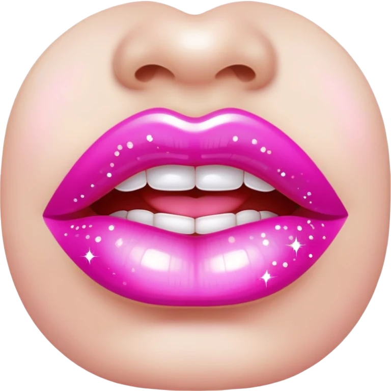 Glassy pink lip gloss on lips, subtle sparkle emoji