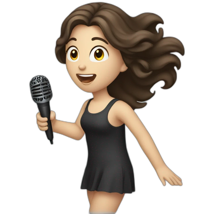 Caucasian girl with dark long Brown hair performing with a michophone singing emoji