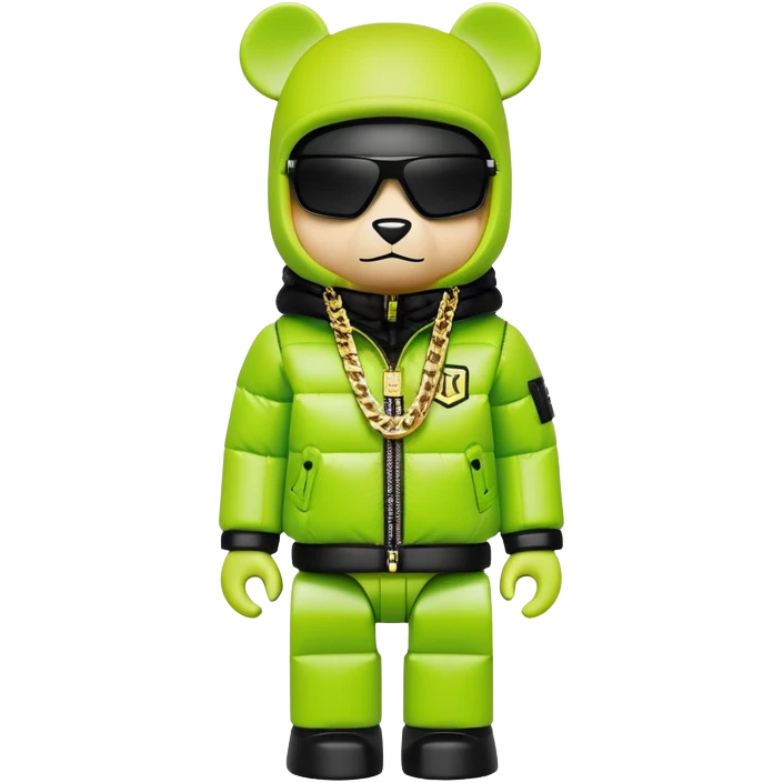 ultra-detailed bearbrick figure with perfect cube head and geometric body, wearing premium lime green balaclava with sleek integrated black visor lens at eyes, luxury oversized designer puffer jacket with prominent logo and lavish fur trim collar, heavy gold chains, streetwear icon emoji