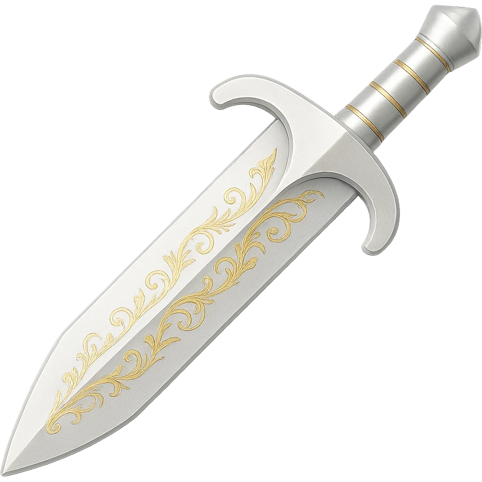 Recolor this weapon to a very light metallic silver color with subtle, elegant gold engravings, matching the gold tone and style of the provided silver shield reference. The gold should be soft and not too yellow or green. Transparent background. emoji