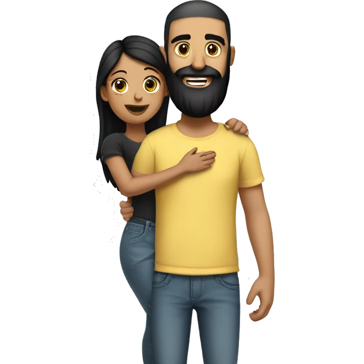 Indian Beard guy with bald head in a tshirt and jeans right hand hugging girl with black hair and wearing adress emoji