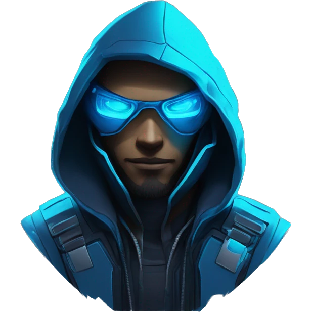 developer behind his laptop with this style : crysis Cyberpunk Valorant neon glowing bright blue character blue black hooded assassin themed character emoji