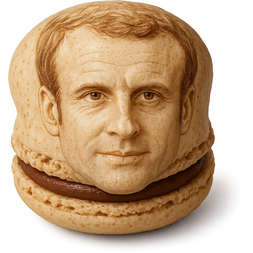 realistic macaron pastry with the shell resembling Emmanuel Macron's face, subtle details emoji