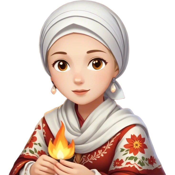 A woman dressed in a beautiful floral traditional outfit with a delicate white headscarf sits by a fire at night. The warm glow of the flames highlights her radiant features, giving the scene a soft, serene, and intimate feel. emoji