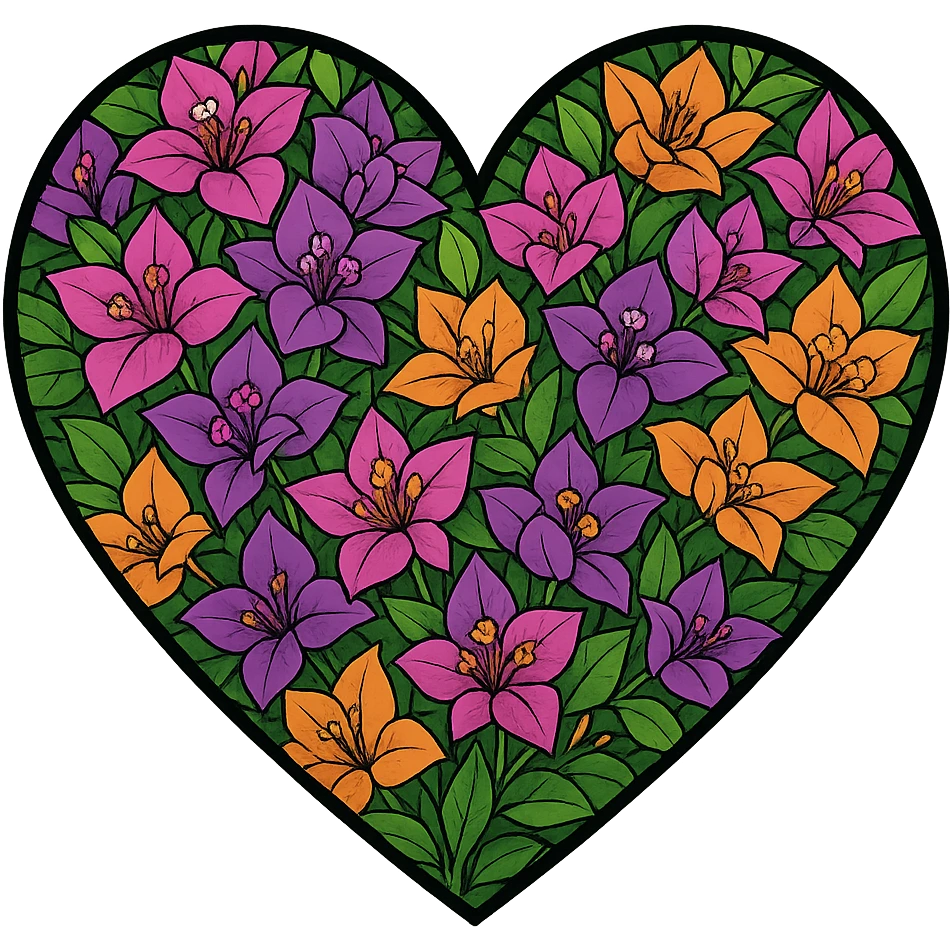 heart with a vibrant bougainvillea garden, clean digital illustration emoji