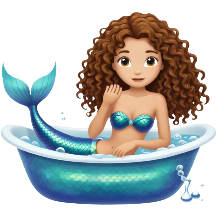 Brunette tan curly hair mermaid in bathtub emoji