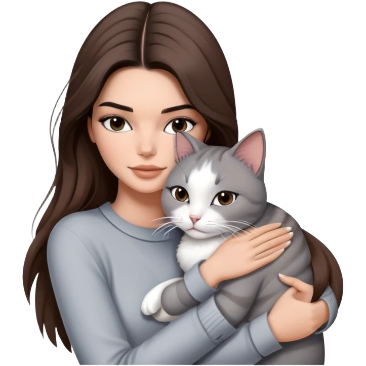 Kendall Jenner long hair with fashion outfit hug one grey white cat emoji