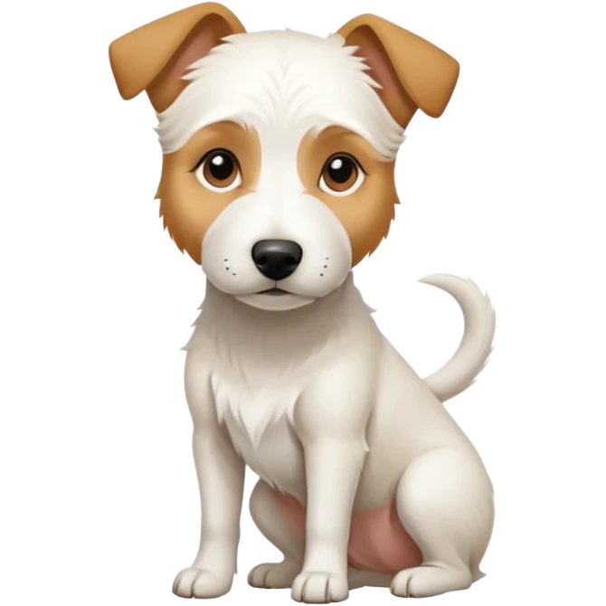 a full body facing front on of a buff white parson russell terrier looking dog the size of a kelpie with light brown long ears resting on its face and a light brown patch on one eye and a large snout. the rest of the dog is completely white.  emoji