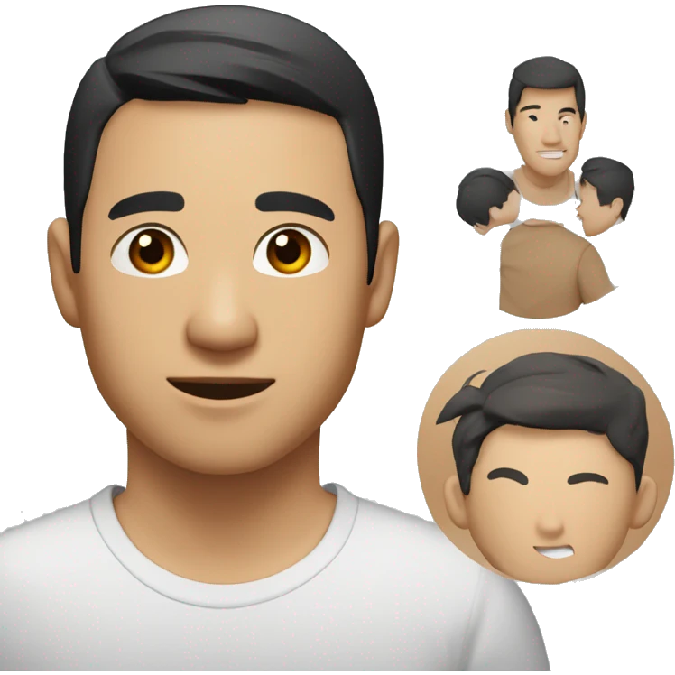 A head and shoulders shot of a 32 year old Asian man, with short black hair,   with brown eyes wearing a t-shirt. emoji