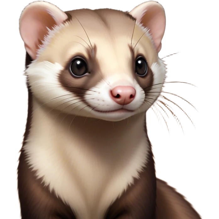 Cinematic Noble sable ferret Portrait Emoji, Poised and dignified, with a sleek, elongated body and a distinct sable ferret head featuring a pointed snout, small, rounded ears, and intelligent, beady eyes, covered in soft, sleek fur with natural brown and cream hues, Simplified yet sharp and sophisticated features, highly detailed, glowing with a warm, natural glow, high shine, exuding an air of quiet confidence, focused and watchful, soft glowing outline, capturing the essence of a clever and majestic sable ferret that feels as though it could leap from the screen with effortless grace! emoji