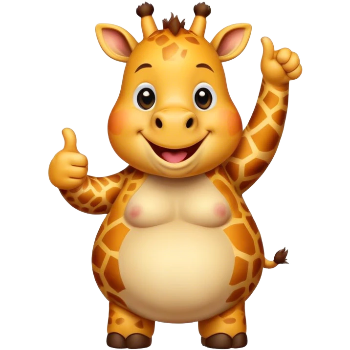 Cartoon short, fat dwarf cute giraffe with a big smile, giving a big thumbs-up emoji