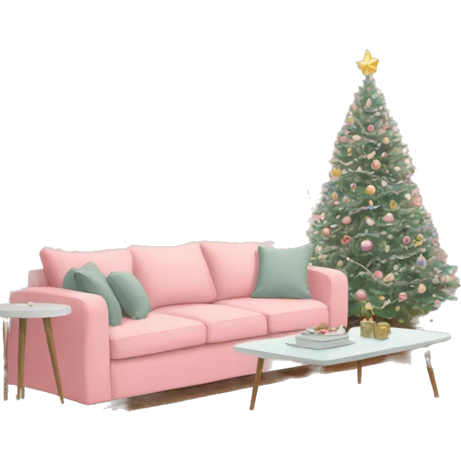 pastel pink living room with christmas tree and a sofa and a tv emoji