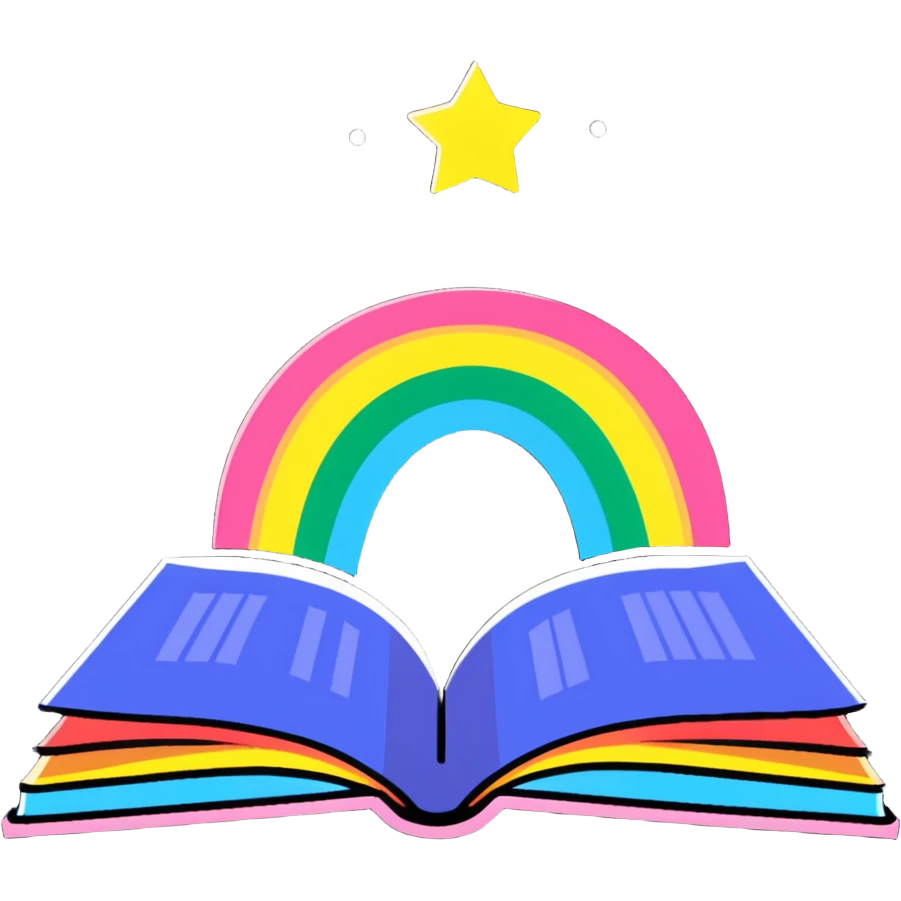 Rainbow colored book with twinkling sparkles around it emoji