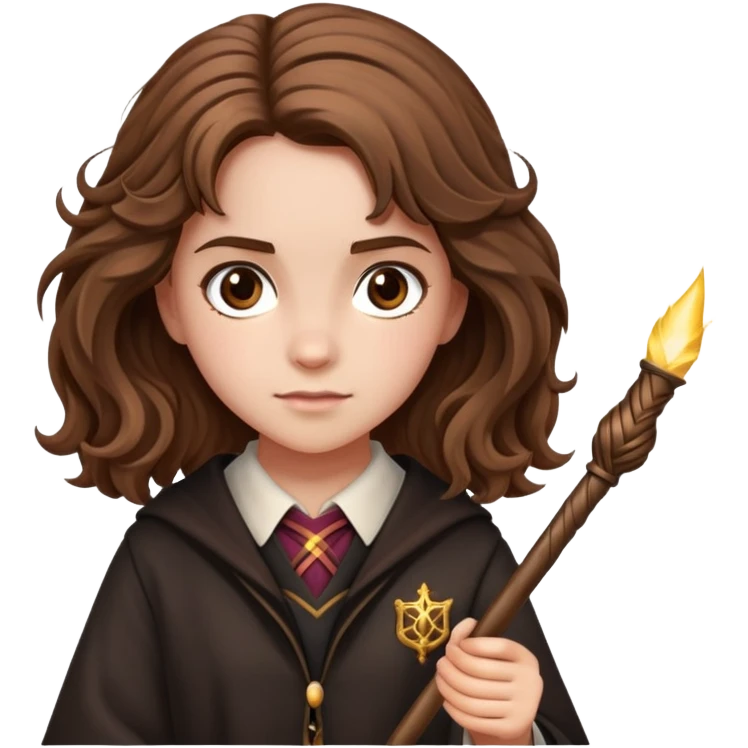 Hermione Granger with bushy hair and wand emoji